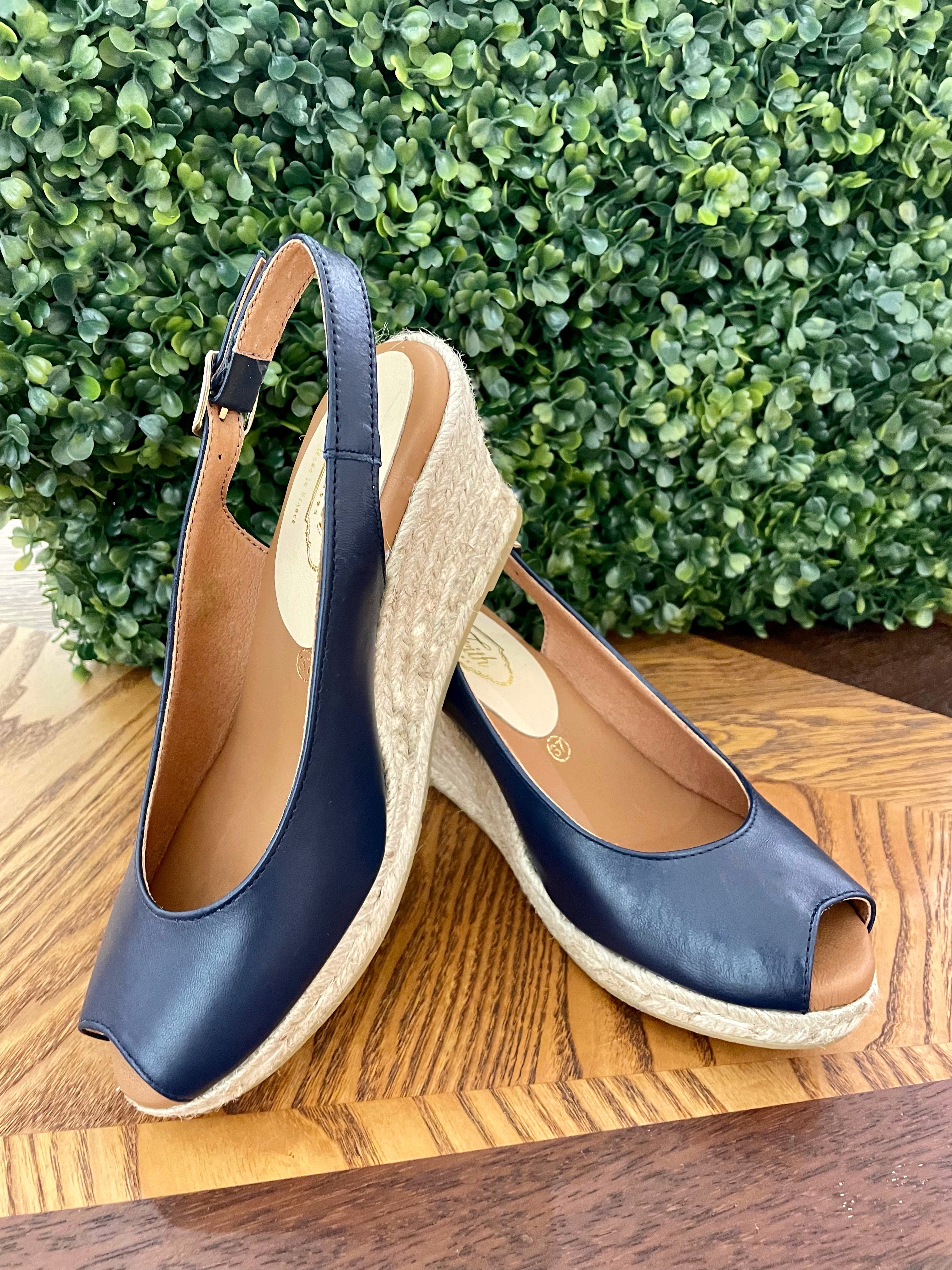 Espadrille Wedges in Marine Leather