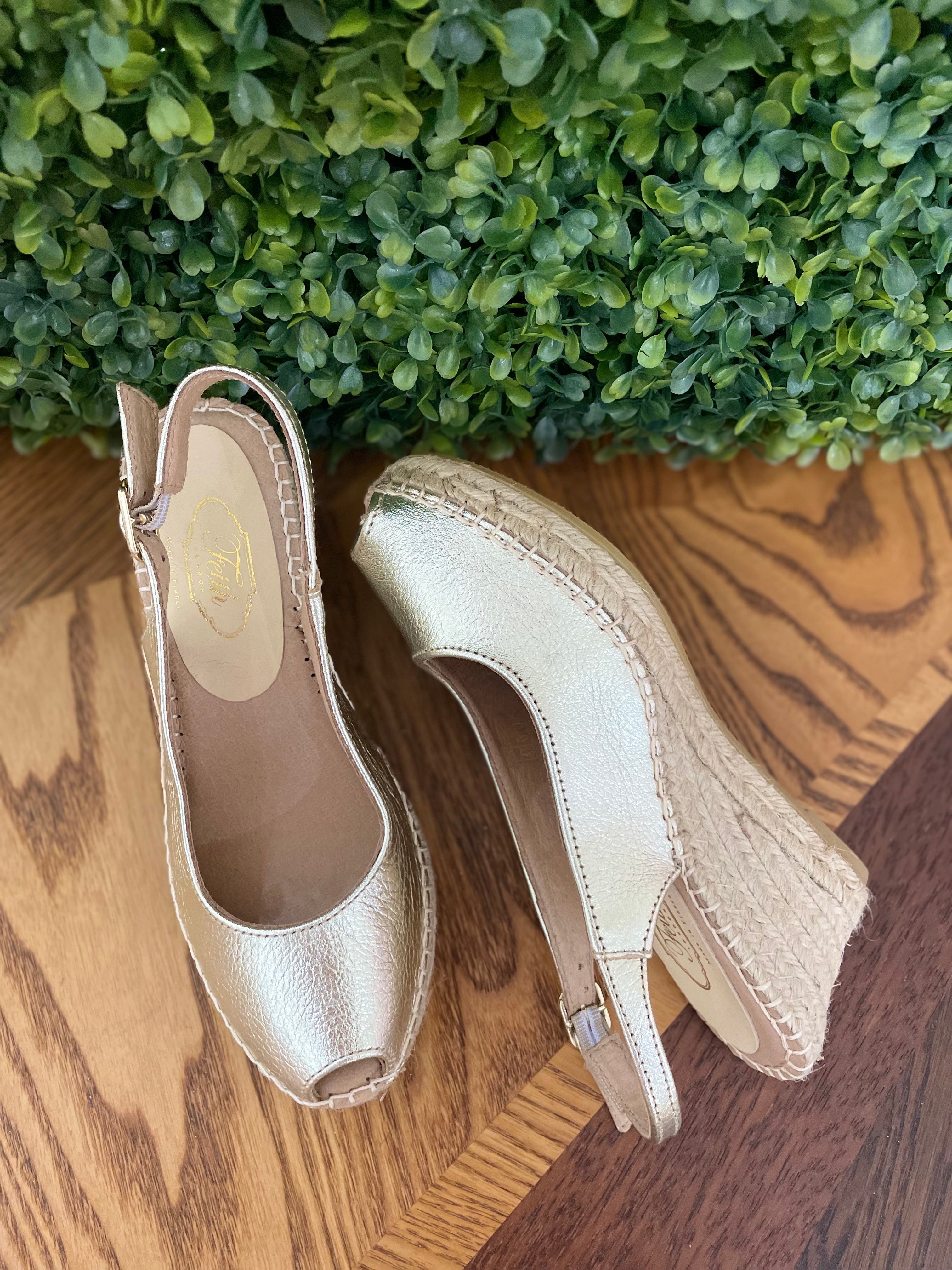 Espadrille Wedges in Gold Leather